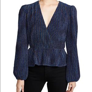 WAYF Blue & Gold Deep V Peplum Top